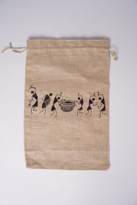 Jute Drawstring Bag Featuring a Warli Peacock Art Print
