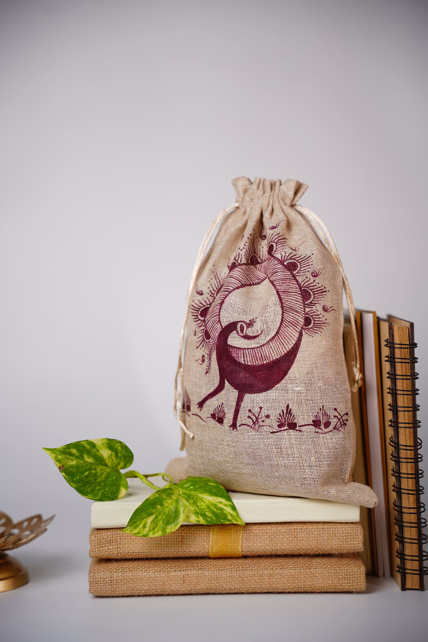 Jute Drawstring Bag Featuring a Warli Peacock Art Print