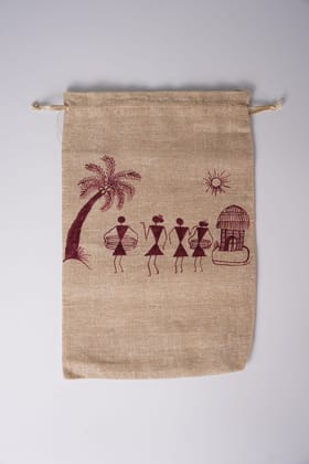 Jute Drawstring Bag Featuring a Warli Art Print