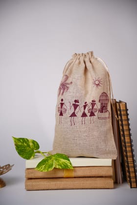 Jute Drawstring Bag Featuring a Warli Art Print