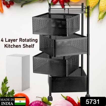 4 Layer Rotating Kitchen Storage Shelf with Wheels - Black Metal Organizer