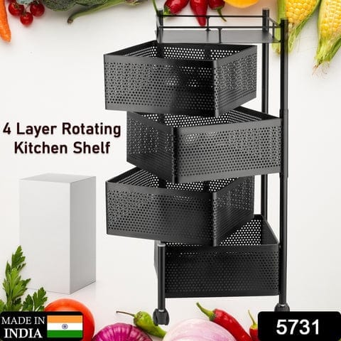4 Layer Rotating Kitchen Storage Shelf with Wheels - Black Metal Organizer
