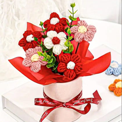 Handmade Crochet Flower Bouquet in Red Pot with "Just for you" Ribbon