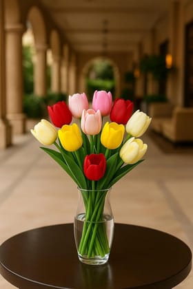 Vibrant Artificial Tulip Bouquet in Glass Vase