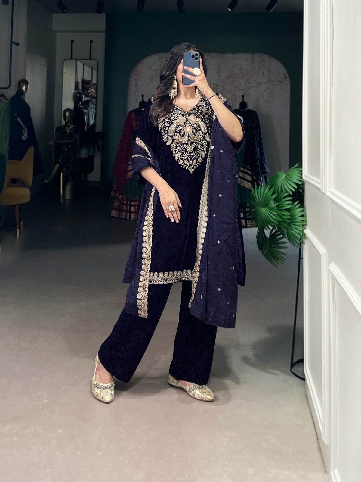 Ethenika Authentic Sequence Embroidery Work Designer Velvet Kurti Pant Dupatta Set (Ready to Wear)-M(38)
