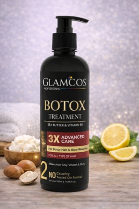 Glamcos Professional Botox Hair Treatment with Shea Butter & Vitamin B5 | 3X Advanced Care for Frizz Control, Smooth & Shiny Hair | Salon Botox Treatment for All Hair Types – 500 ml
