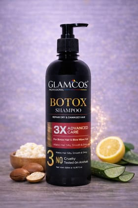 Glamcos Professional Botox Shampoo 500 ml â 3X Advanced Care, Sea Butter & Vitamin B5, Sulfate - Free Repair Shampoo for Dry & Damaged Hair Glamcos Professional Botox Shampoo 500 ml â 3X Advanced Care, Sea Butter & Vitamin B5, Sulfate - Free Repair Shampoo for Dry & Damaged Hair