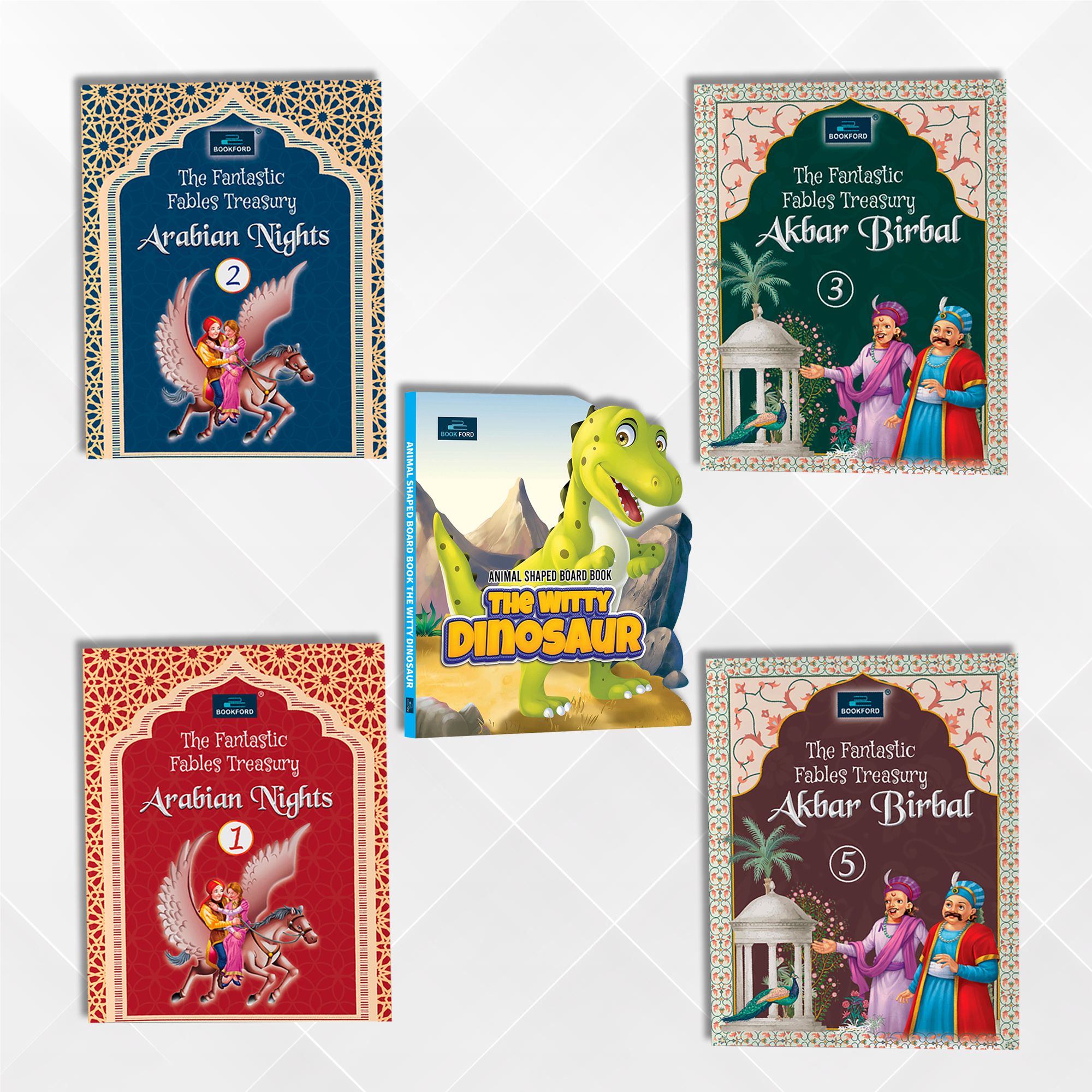 Fantastic & Shapes Story Collection – Set of 5 | The Witty Dinosaur, Arabian Nights 1,2 & Akbar Birbal 3,5