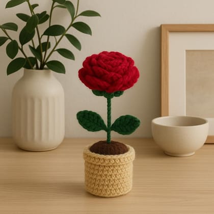 Crocheted Red Rose in Pot - Handmade Yarn Flower Decor Crocheted Red Rose in Pot - Handmade Yarn Flower Decor