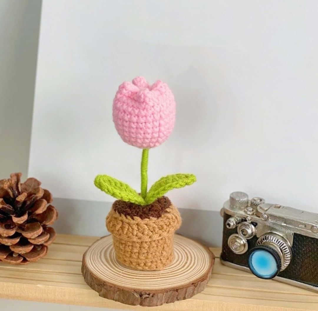 Handmade Pink Crochet Tulip in Pot