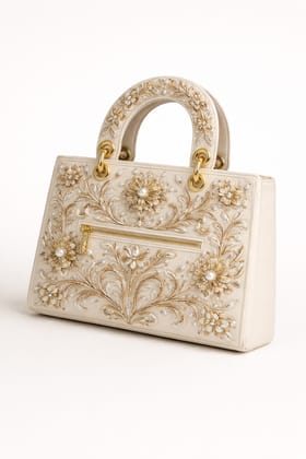 Cream & Gold Embroidered Floral Handbag with Pearl Embellishments