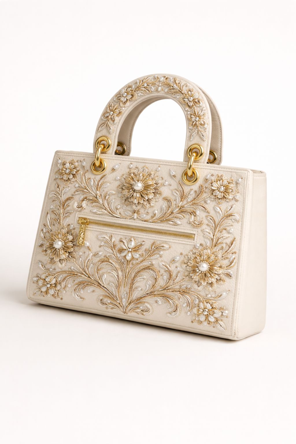 Cream & Gold Embroidered Floral Handbag with Pearl Embellishments