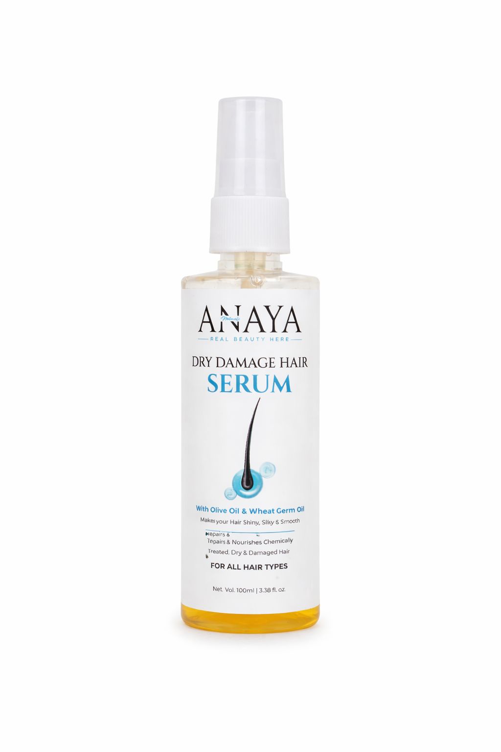 Anaya Naturals Dry Damage Hair Serum with Olive Oil & Wheat Germ Oil – Repairs, Smoothens & Adds Shine for All Hair Types (100 ml)