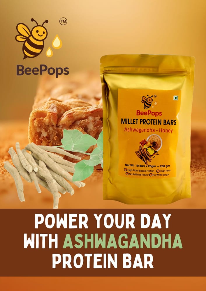 Beepops ashwagandha honey protein bar made with natural ingredients for energy and stress support