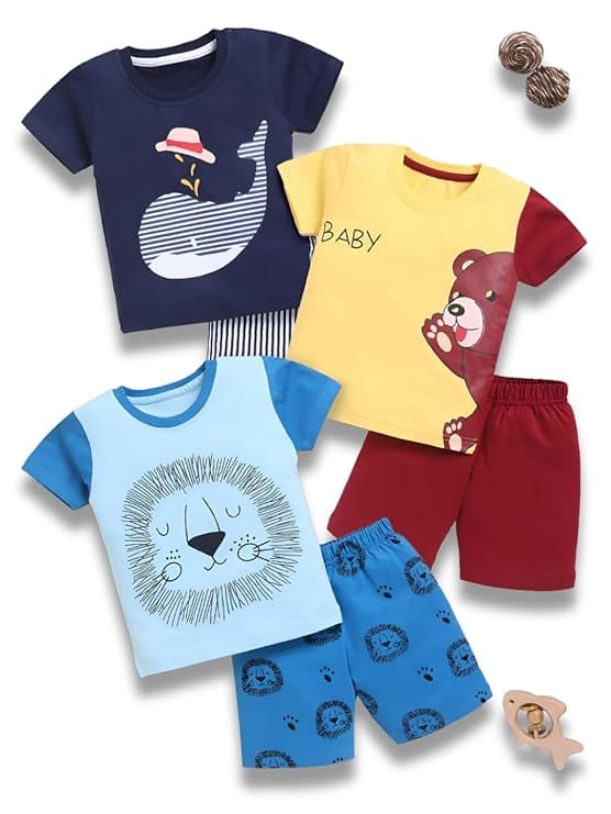 Toonyport Boys Summer 3 Packs Of T-shirts and Shorts Combo Set (Multicolors)