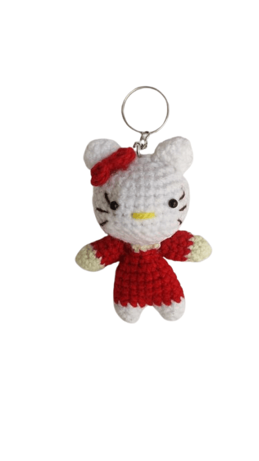 Handmade Crochet Hello Kitty Keychain with Red Dress and Bow