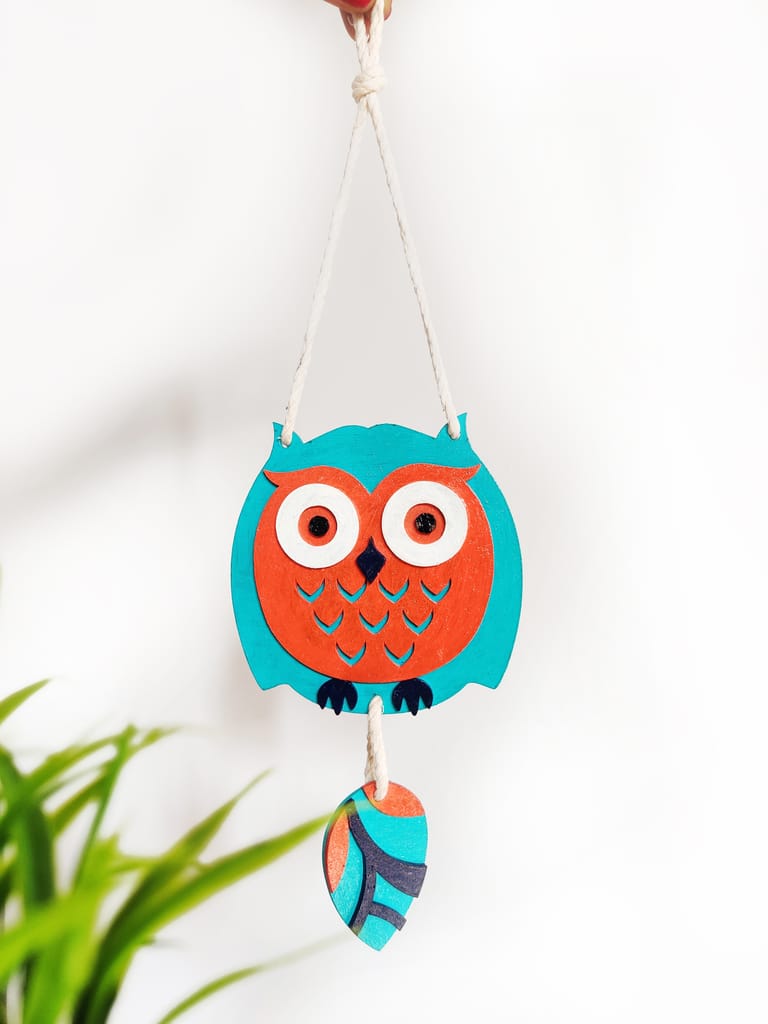 Wall Hanging Owl Decor, MDF Wood, Home Decoration & Gift. Teal and Orange, 34 cm