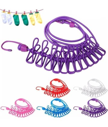 FSN-Elastic Cloth Hanging Rope for Cloth Drying with 12 Stainless Steel Clips, Stainless Steel Hooks, Multicolor