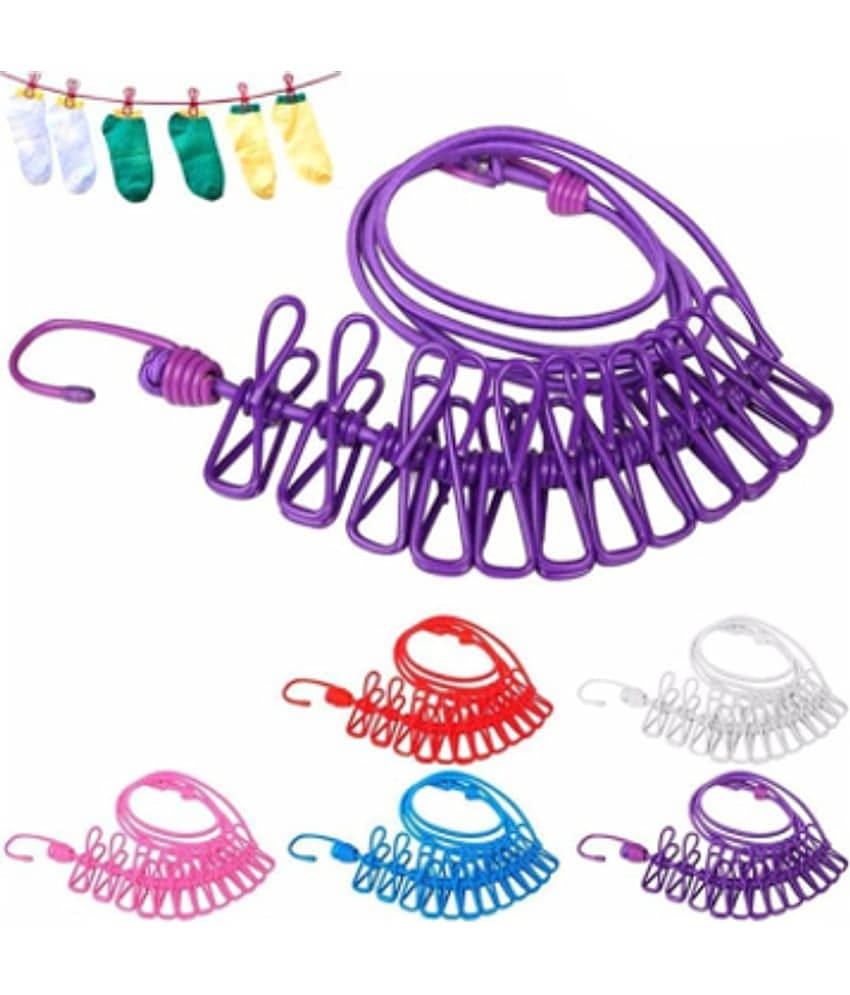 FSN-Elastic Cloth Hanging Rope for Cloth Drying with 12 Stainless Steel Clips, Stainless Steel Hooks, Multicolor