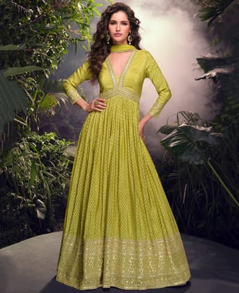 Party Wear Parrot Green Viscose Silk Anarkali Suit for Women
