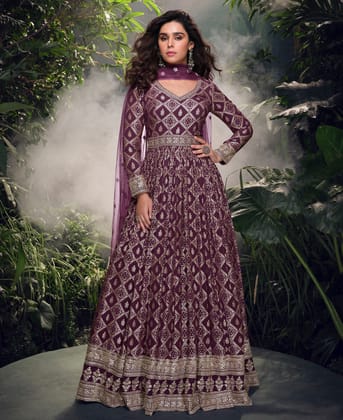 Party Wear Wine Viscous Silk Anarkali Suit For Women