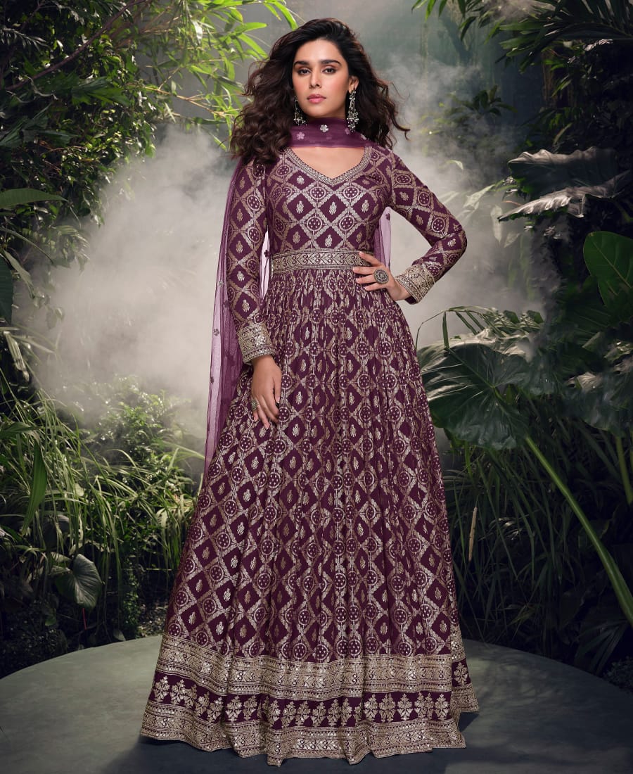 Party Wear Wine Viscous Silk Anarkali Suit For Women