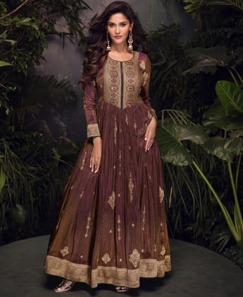 Party Wear Brown Viscose Silk Anarkali Suit for Women