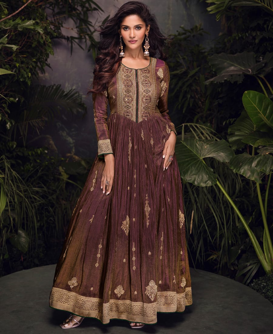 Party Wear Brown Viscose Silk Anarkali Suit for Women