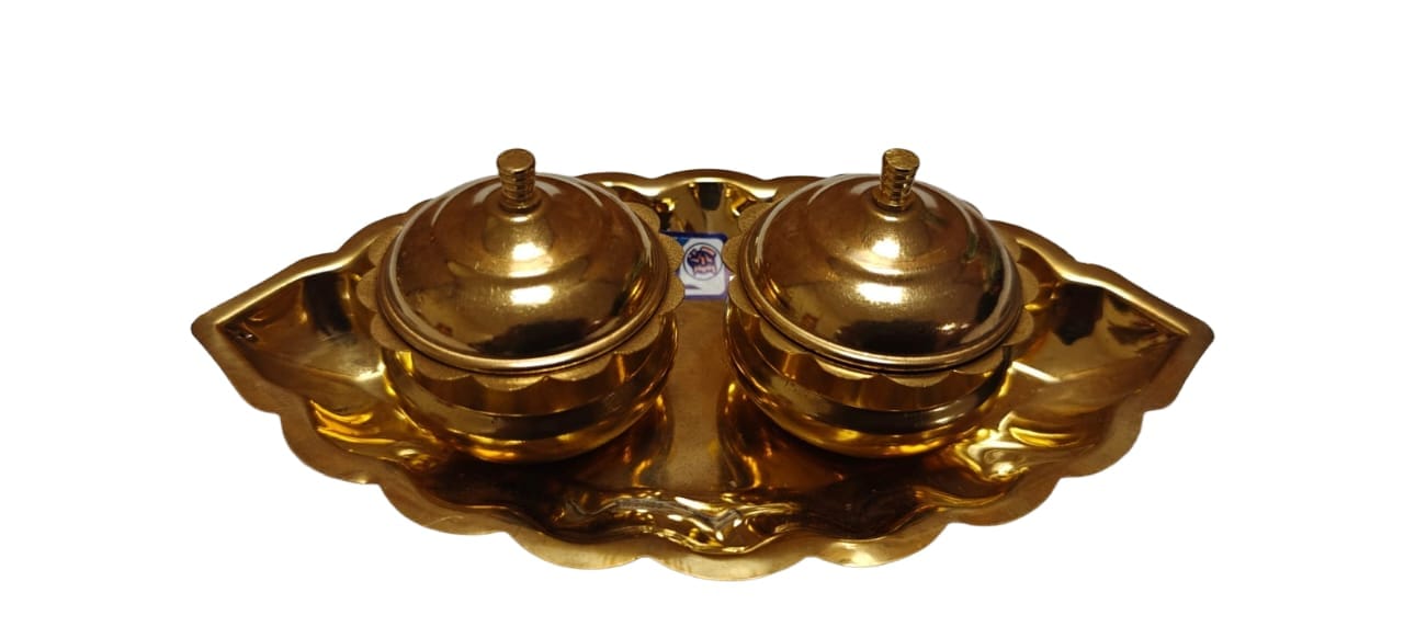 Brass Kumkum Holder with Tray - Traditional Golden Design for Puja & Decor