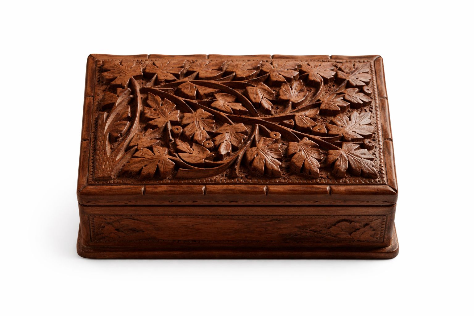 Hand-Carved Wooden Decorative Storage Box with Leaf Design