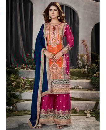 Designer Multicolored Chinon Palazzo Suit Set for Women
