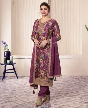 Floral Printed Magenta Long Suit for Women (Chinon Fabric)