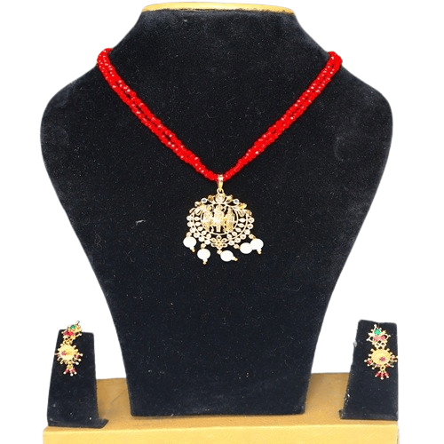 NLR RURAL Traditional Gold Plated Red Beaded Necklace Set with White Pearls & American Diamonds