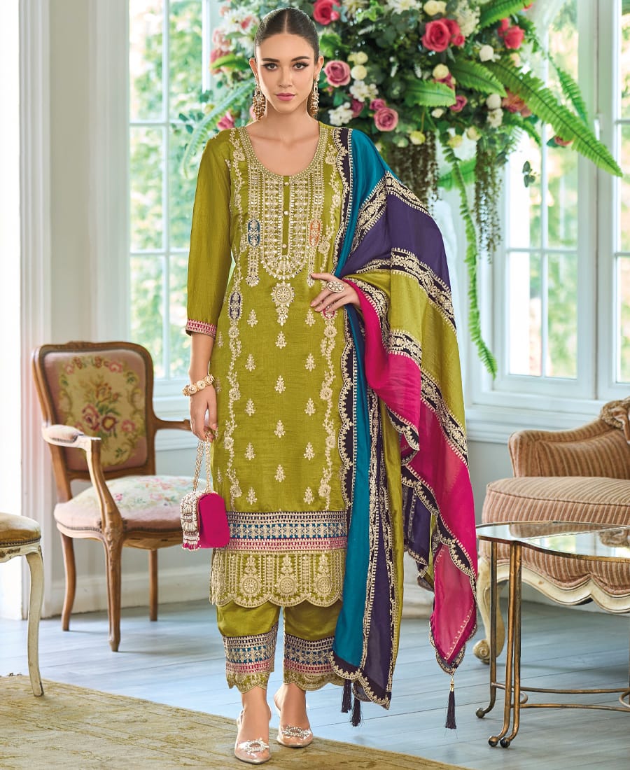 New Mustard Pakistani Straight Suit for Women (Chinon Fabric)