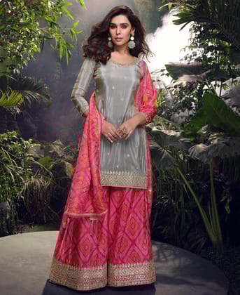 Special Party Wear Simar Silk Grey Gharara Suit Set for Women