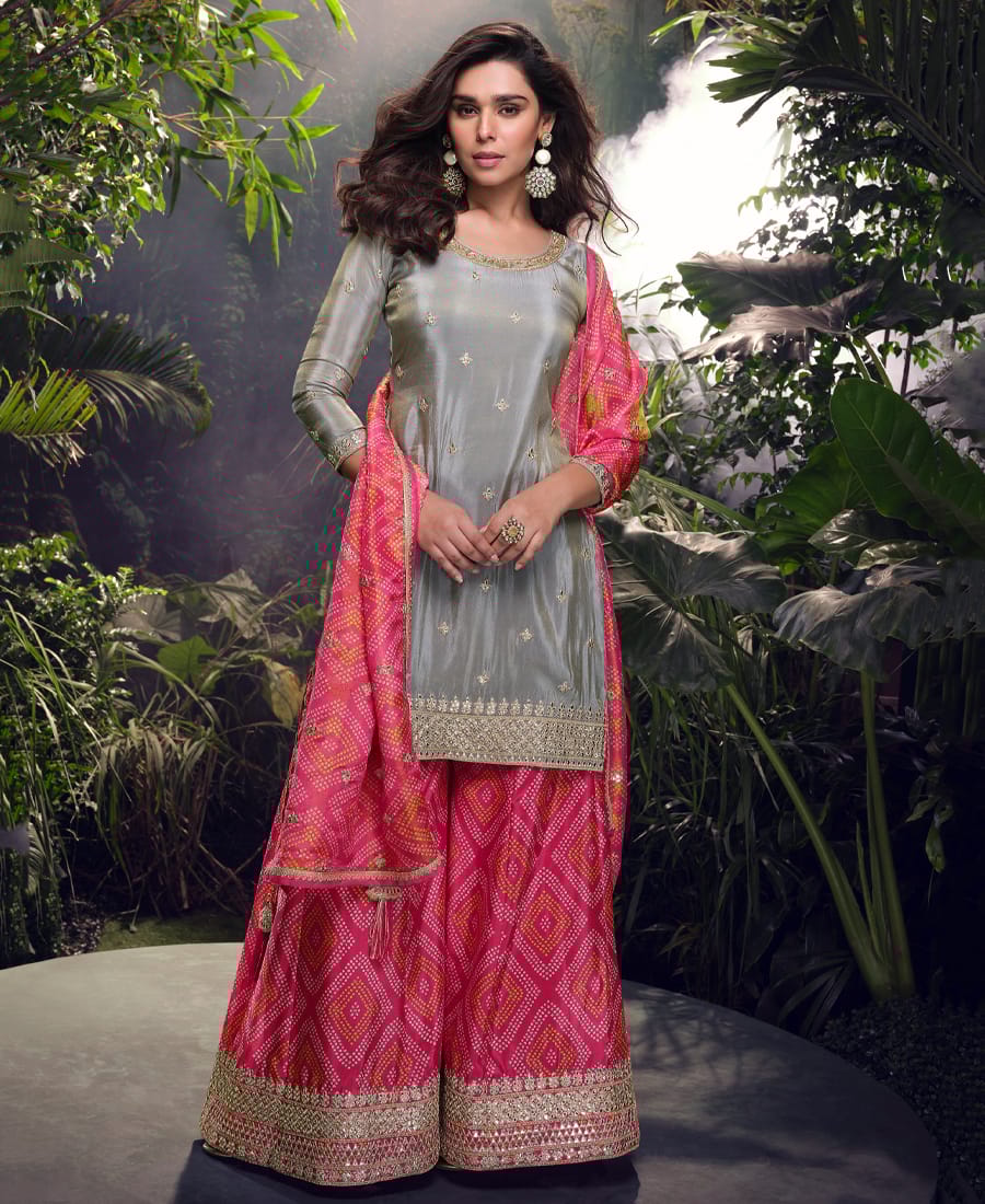 Special Party Wear Simar Silk Grey Gharara Suit Set for Women