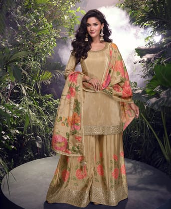 Special Party Wear Simar Silk Beige Gharara Suit Set for Women