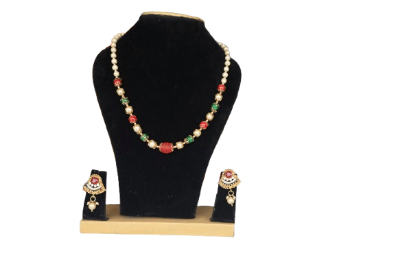 NLR RURAL Elegant Gold Plated Pearl Beaded Necklace & Earrings Set with Red and Green Accents - Jewellery Sets | Buy online on ZillyBuy