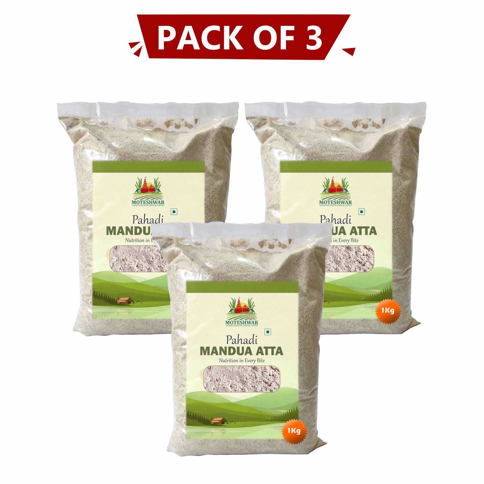 Pahadi Mandua Atta 1 kg Pack of 3 by Moteshwar Farmer Producer Company Limited