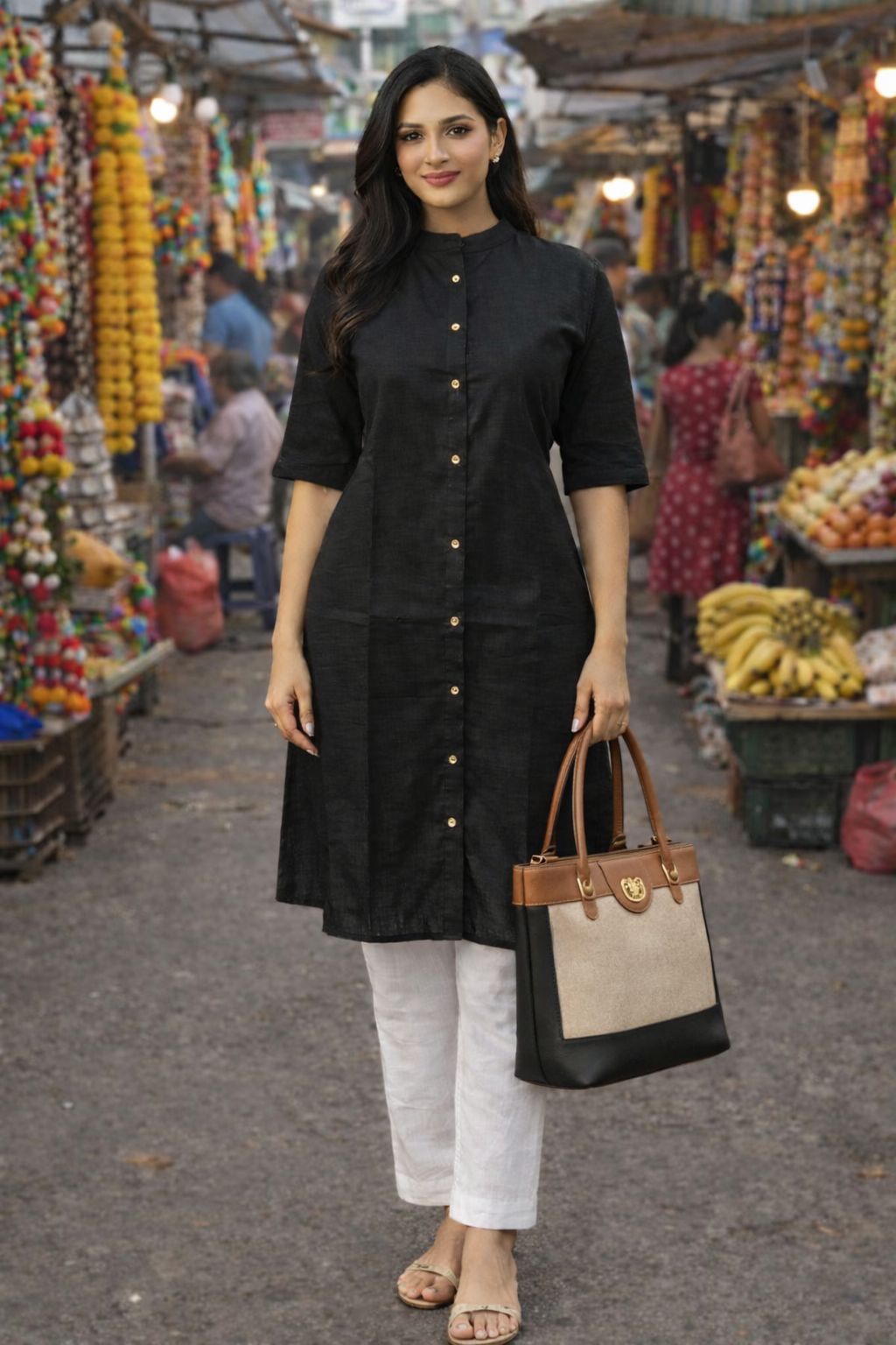 Stylish Black Cotton Long Kurti with White Pant