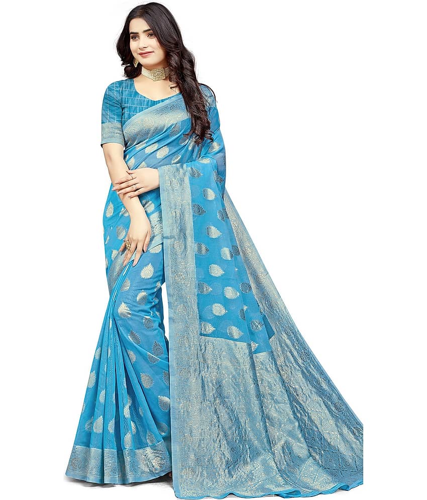 Samai Cotton Woven Saree With Unstitched Blouse Piece ( Light Blue )