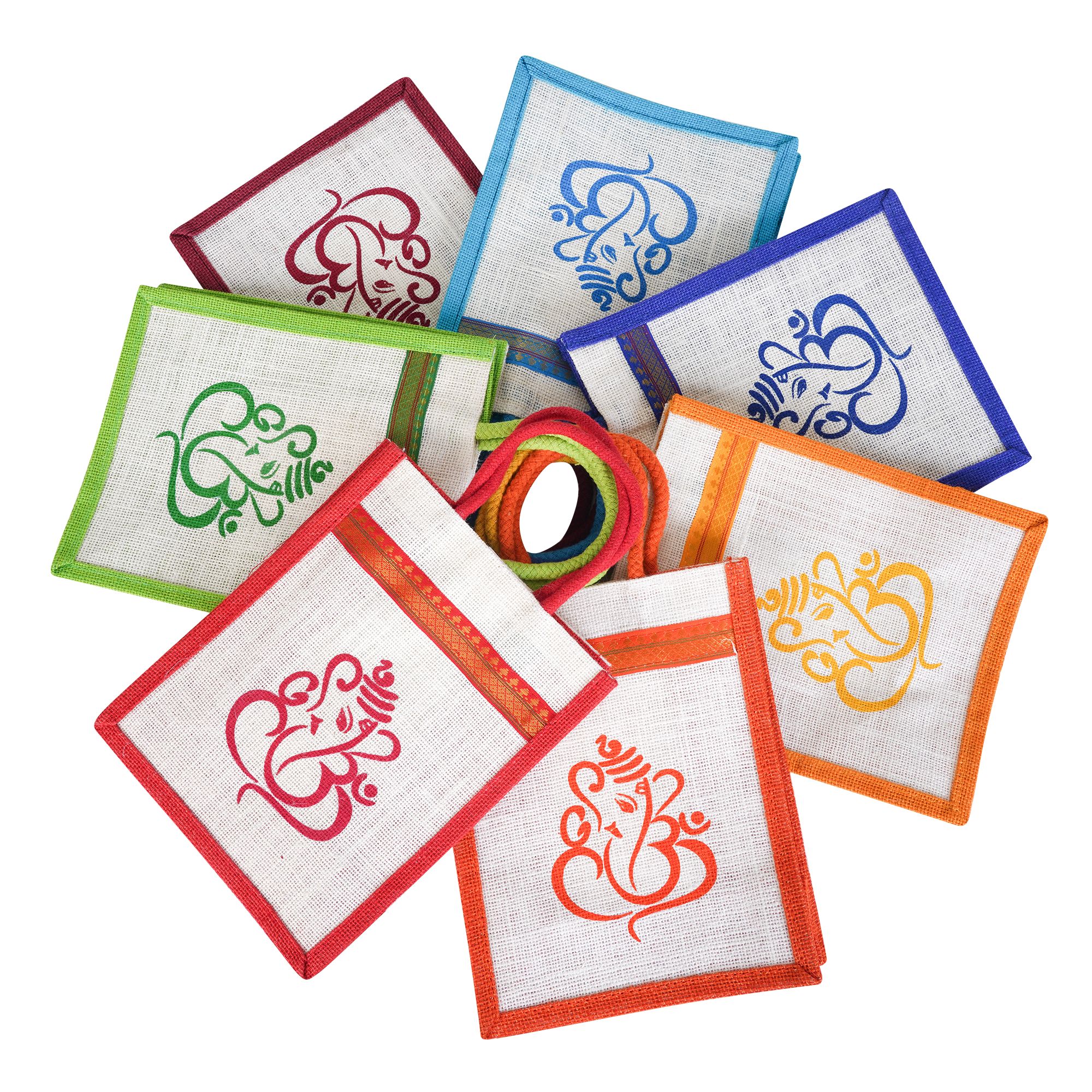 SS Eco-Life Eco-Friendly Jute Bag for Return Gift / Thamboolam Bag with Divine God Ganesh Print for Engagement, Wedding, Baby Shower, Housewarming and Pooja's like Navaratri & Varalakshmi Vratham. Multicolour.