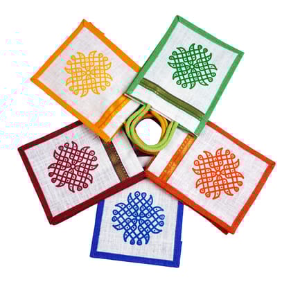 SS Eco-Life Eco-Friendly Jute Bag for Return Gift / Thamboolam Bag with Kolam / Muggu / Rangoli Print for Engagement, Wedding, Baby Shower, Housewarming and Pooja's like Navaratri & Varalakshmi Vratham. Multicolour.