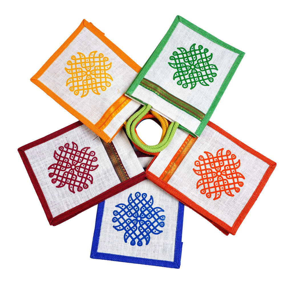 SS Eco-Life Eco-Friendly Jute Bag for Return Gift / Thamboolam Bag with Kolam / Muggu / Rangoli Print for Engagement, Wedding, Baby Shower, Housewarming and Pooja's like Navaratri & Varalakshmi Vratham. Multicolour. - Pooja Needs | Buy online on ZillyBuy