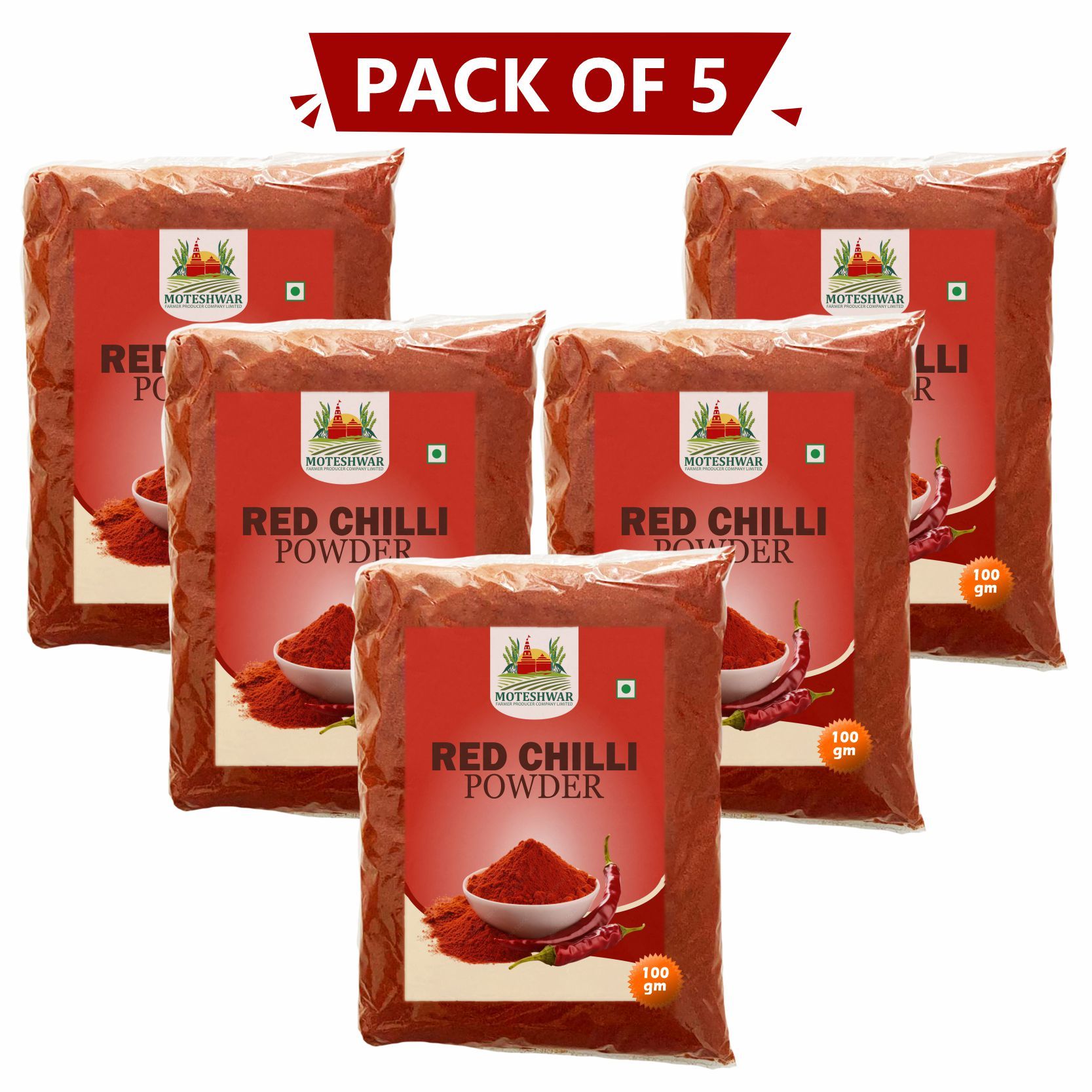 Red Chilli Powder 100 gm Pack of 5 by Moteshwar Farmer Producer - Pure & Natural Red Chilli for Daily Use.