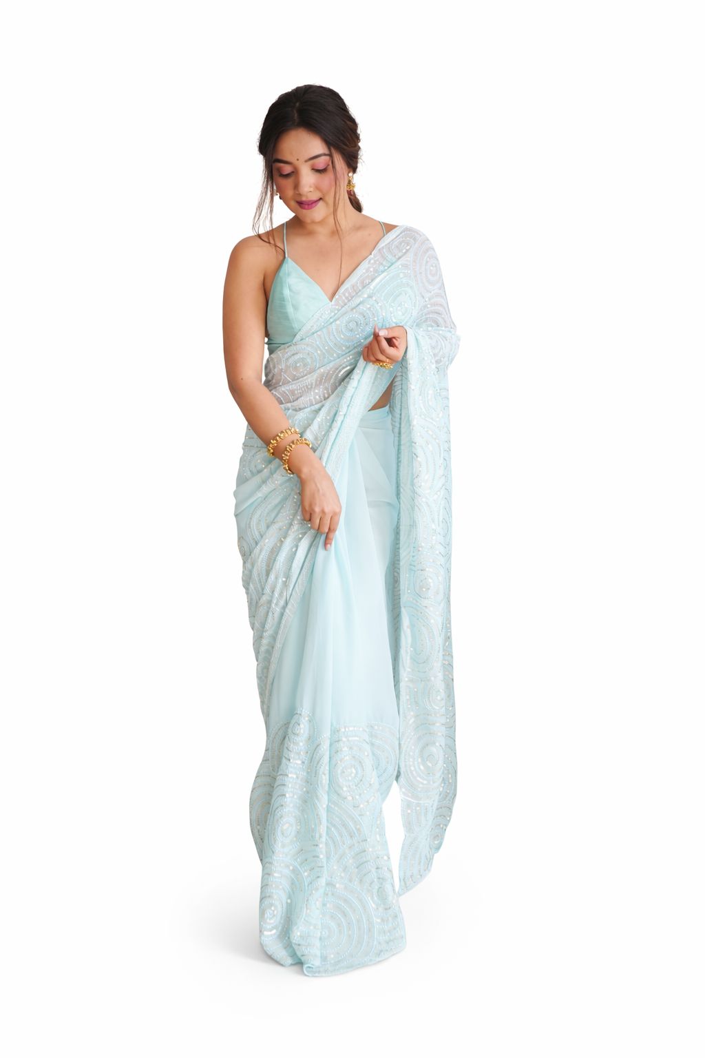 Light Blue Sequin Embellished Chiffon Saree