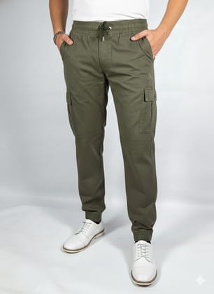 Men's Olive Green Cotton Blend Cargo Joggers with Elastic Waistband