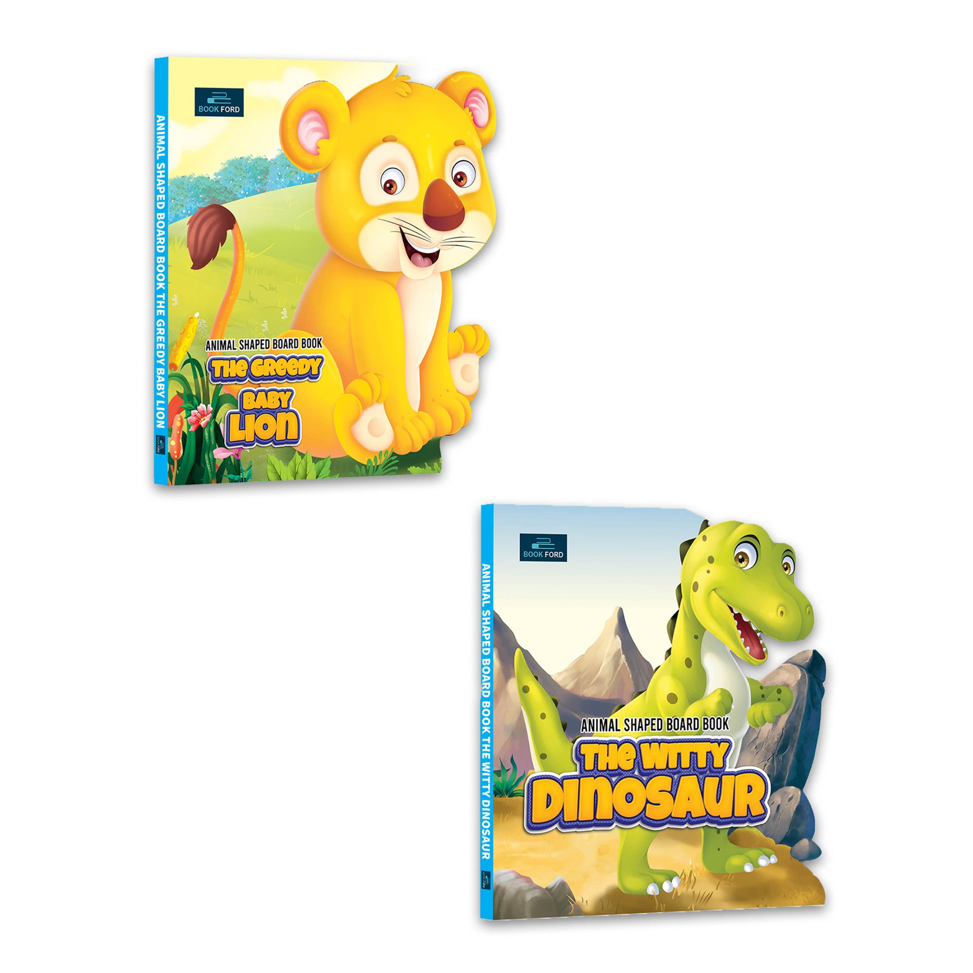 Animal Shaped Story Board Book - The Greedy Baby Lion, The Witty Dinosaur - Set Of 2 Story Books For Kids