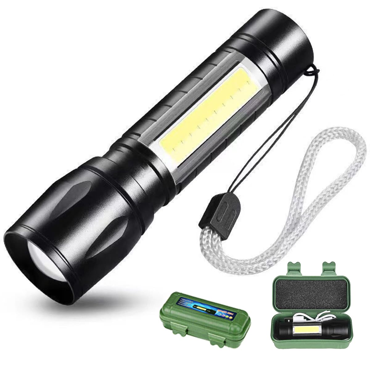Emergency Handheld Flashlight USB Rechargeable Flashlight 3 Modes Adjustable Focus,Portable Waterproof LED Flashlight with COB Side Lights，Best Tactical Torch for Hurricane (Pack Of 1) 