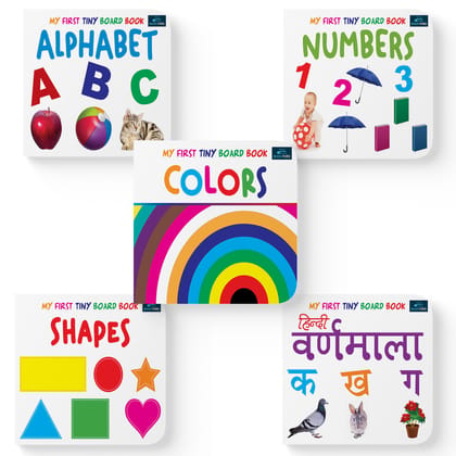 My First Tiny Board Books - Set Of 5 Books - Alphabet, Numbers, Hindi Varnamala, Colors, And Shapes For Kids Hardcover